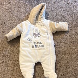 NWT Cozy Cream and Tan Baby Footie Raccoon Onesie 3M